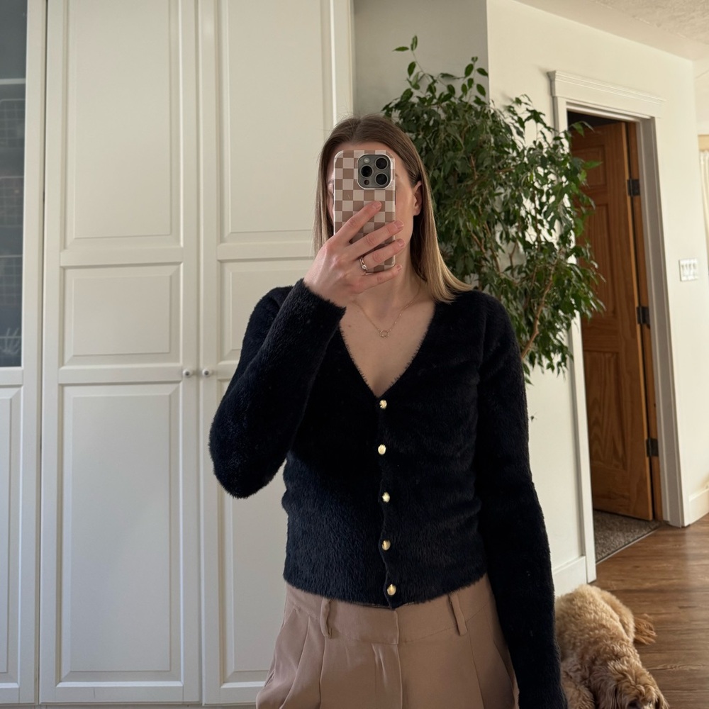 Black Fuzzy Button-Up Cardigan